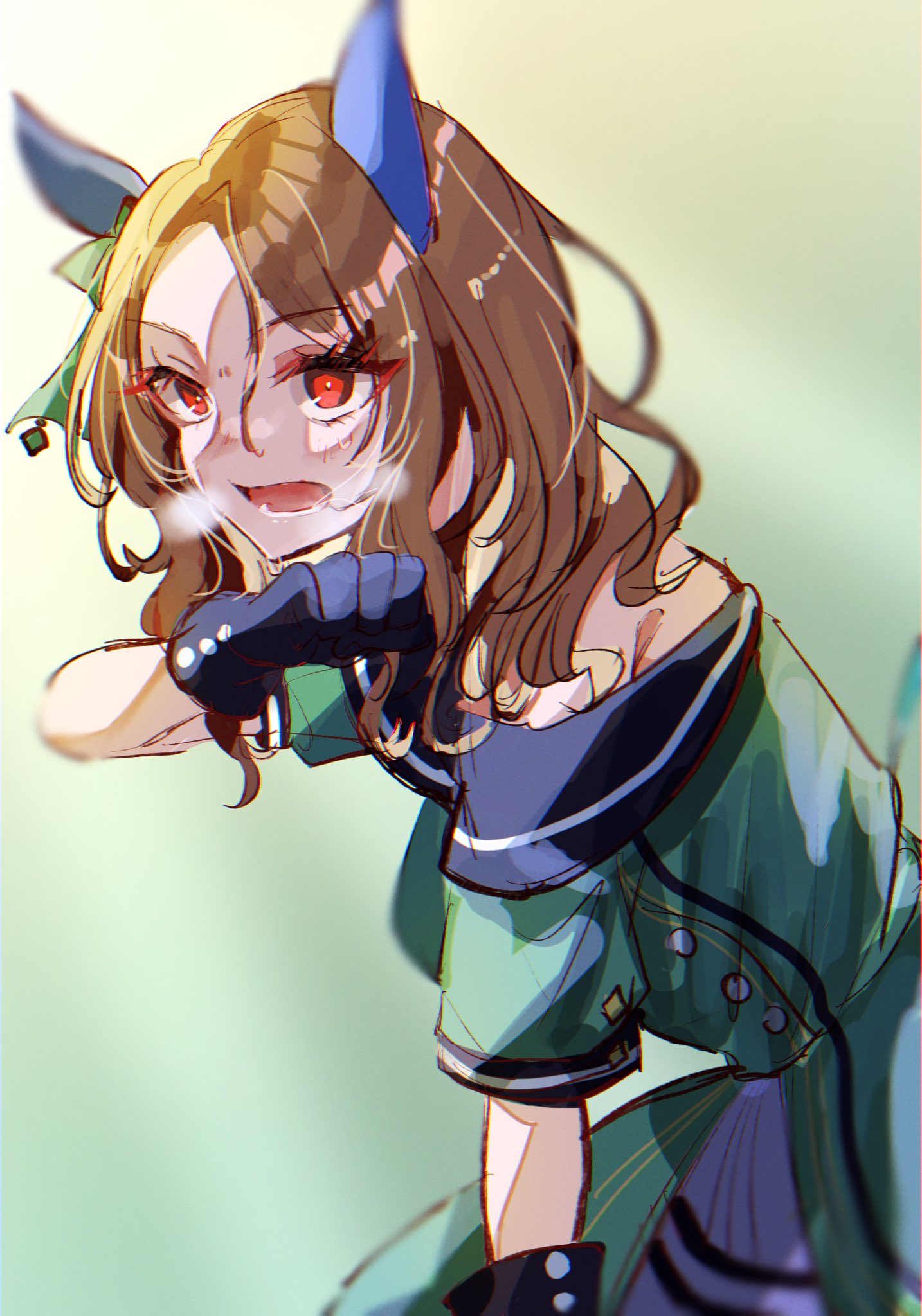 disney o626, king halo (umamusume), umamusume, highres, 1girl, animal ears, bare shoulders, black gloves, blush, bow, breasts, brown hair, dress, ear bow, ear covers, ear ribbon, gloves, green bow, green dress, horse ears, horse girl, long hair, open mouth, red eyes, short sleeves, solo, upper body