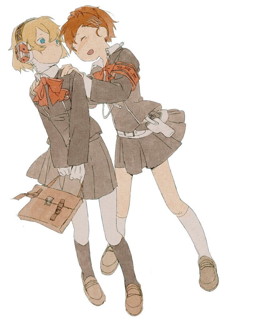 emptyloong, aigis (persona), shiomi kotone, persona, persona 3, persona 3 portable, 2girls, armband, bag, black jacket, black skirt, black socks, blonde hair, blue eyes, blush, bow, brown bag, brown hair, brown shoes, gekkoukan high school uniform, hair ornament, hairband, hairclip, hand on another's shoulder, headphones, holster, jacket, kneehighs, loafers, long sleeves, looking at another, multiple girls, one eye closed, pleated skirt, red armband, red bow, red eyes, school bag, school uniform, shoes, short hair, simple background, skirt, smile, socks, v arms, white background, white socks