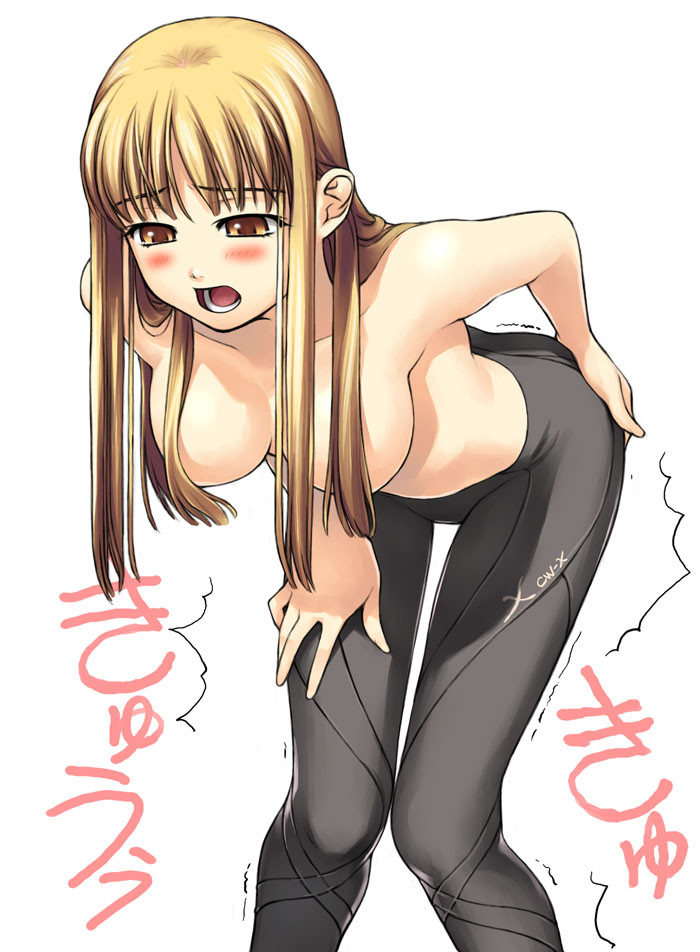 tanaka shoutarou, 1girl, bent over, blonde hair, blush, breasts, brown eyes, cleavage, female focus, large breasts, pain, pantyhose, solo, topless female, white background