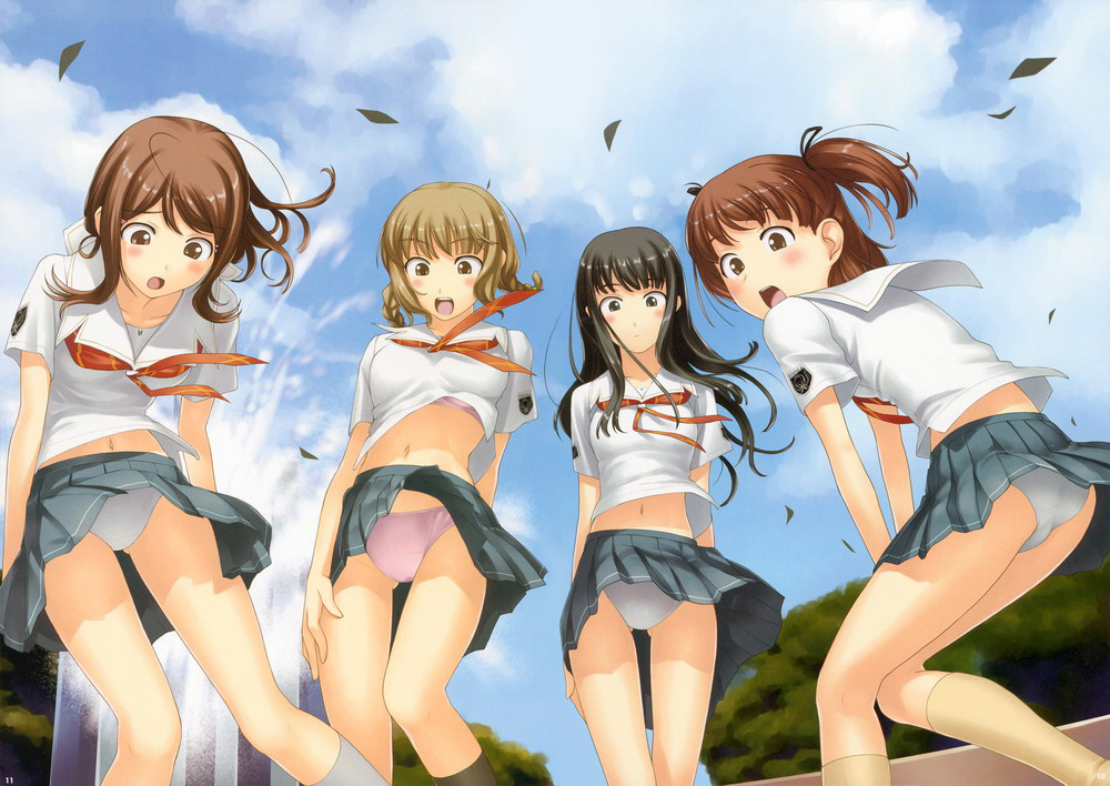 tanaka shoutarou, aihara nana, futami eriko, hoshino yuumi, mizusawa mao, kimi kiss, 4girls, blush, bra, clothes lift, embarrassed, hair ribbon, legs, lineup, lingerie, multiple girls, panties, pantyshot, ribbon, school uniform, serafuku, skirt, skirt lift, sky, socks, thighhighs, thighs, underwear, upskirt, wind, wind lift