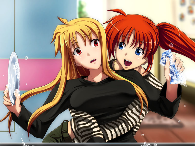 nazo kichi, fate testarossa, takamachi nanoha, lyrical nanoha, mahou shoujo lyrical nanoha, mahou shoujo lyrical nanoha strikers, 00s, 2girls, blonde hair, blue eyes, breasts, hug, hug from behind, large breasts, multiple girls, open mouth, plate, red eyes, red hair, shirt, smile, sponge, striped clothes, striped shirt, surprised, taut clothes, taut shirt