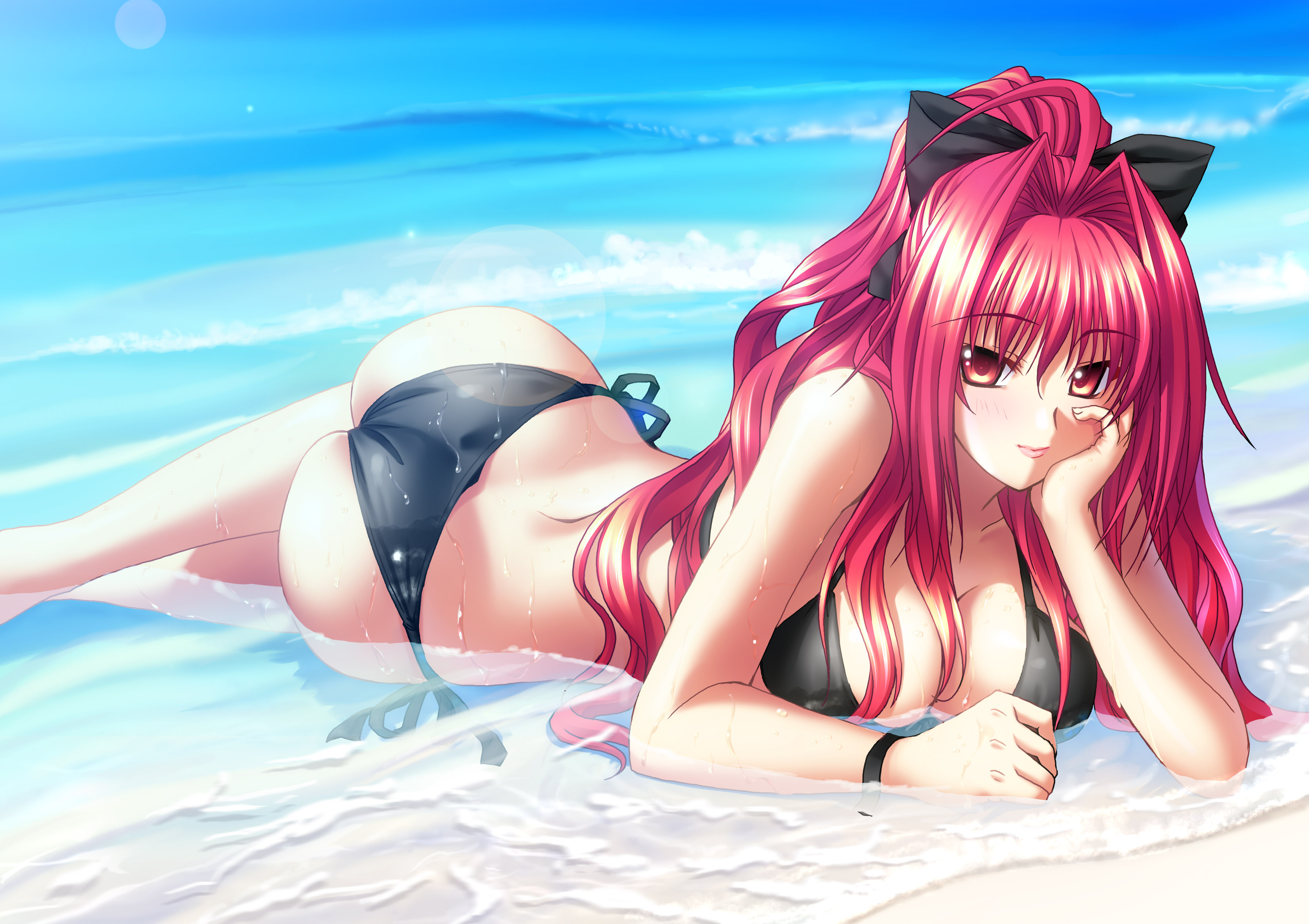kannatsuki noboru, corticarte apa lagranges, shinkyoku soukai polyphonica, absurdres, highres, 00s, 1girl, aged up, ass, beach, bikini, black bikini, blush, bow, breasts, cleavage, cloud, day, female focus, hair bow, hair ribbon, large breasts, legs, long hair, looking at viewer, ocean, outdoors, red eyes, red hair, ribbon, side-tie bikini bottom, sky, solo, swimsuit, thighs, water