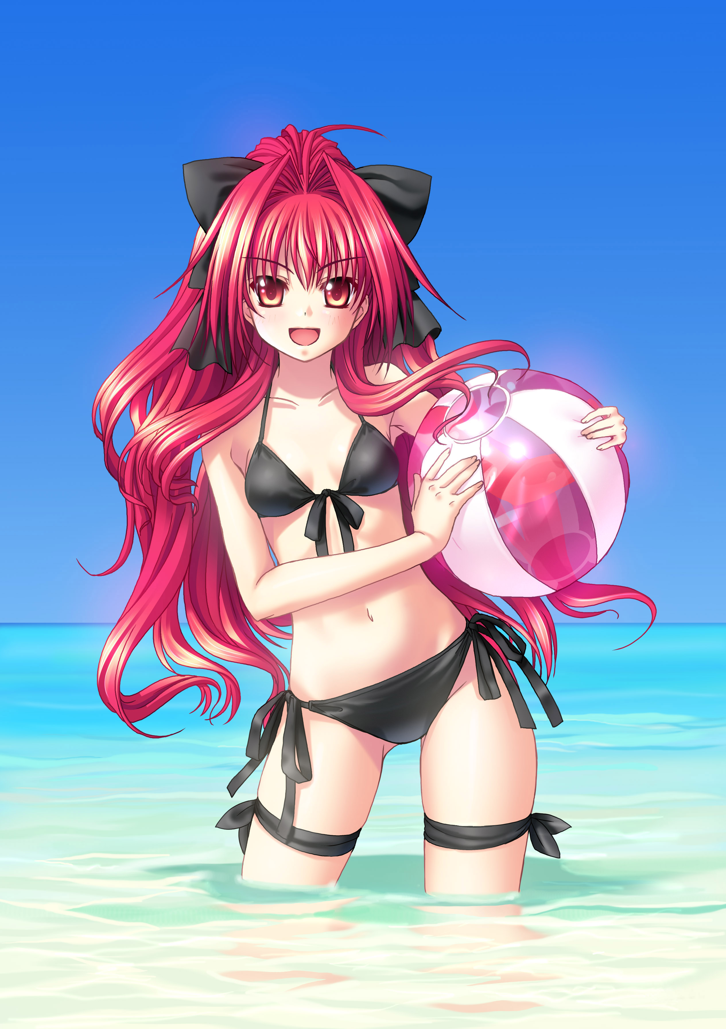 corticarte apa lagranges, shinkyoku soukai polyphonica, absurdres, highres, 00s, 1girl, ball, beachball, bikini, bow, female focus, hair bow, outdoors, red eyes, red hair, side-tie bikini bottom, sky, solo, swimsuit