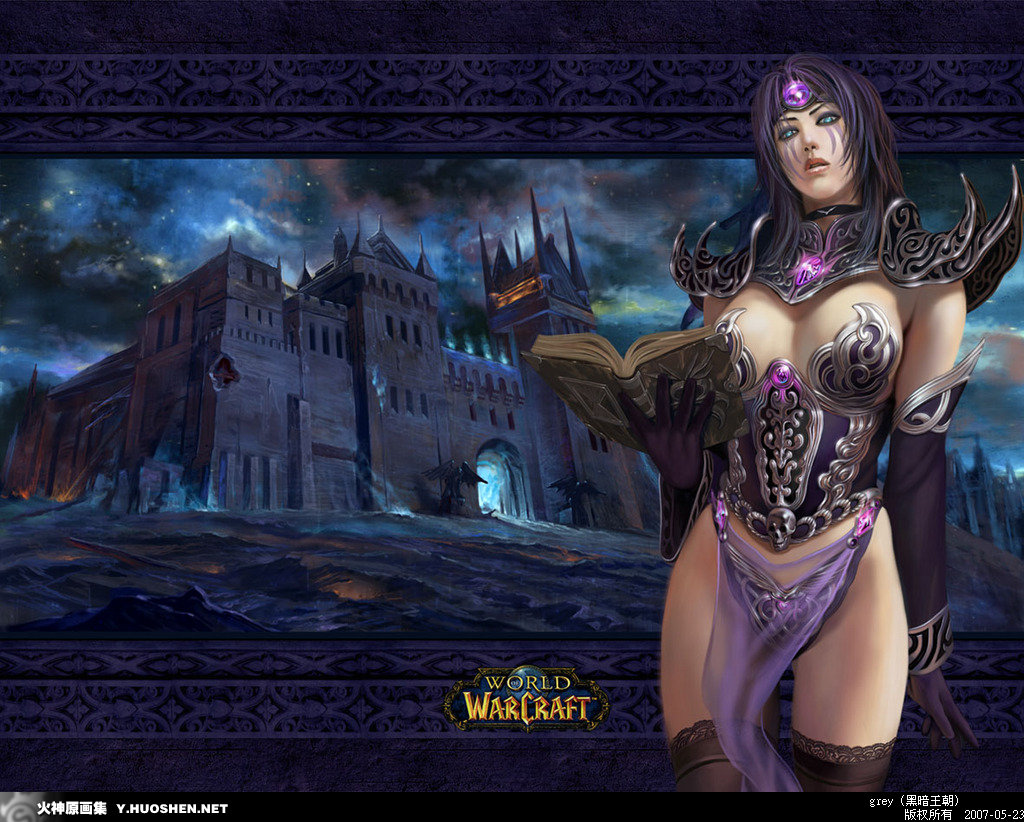 azazel1944, jandice barov, warcraft, world of warcraft, tagme, 1girl, black choker, black eyeliner, black gloves, black thighhighs, blue eyes, book, breasts, chinese text, choker, circlet, cleavage, detached collar, detached sleeves, eyeliner, female focus, gloves, holding, holding book, human (warcraft), long hair, makeup, medium breasts, open book, ornate clothes, pelvic curtain, purple hair, revealing clothes, scholomance, shoulder pads, skull belt, sky, solo, star (sky), starry sky, thighhighs, thong, wide sleeves