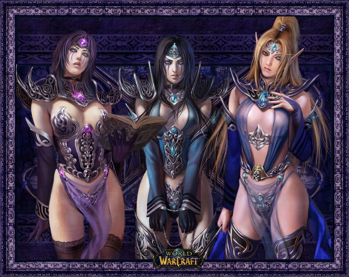 azazel1944, instructor malicia, jandice barov, lady illucia barov, warcraft, world of warcraft, character request, tagme, 3girls, armor, black hair, blonde hair, boots, breasts, female focus, multiple girls, purple hair, skull, standing, thighhighs
