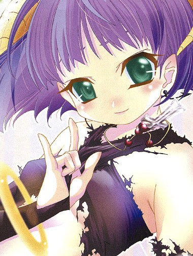seguchi takahiro, elyse (ore tama), ore tama, 00s, 1girl, m/, bare shoulders, blush, bracelet, breasts, bridal gauntlets, cross, demon girl, demon horns, earrings, female focus, green eyes, head tilt, horns, jewelry, light smile, looking at viewer, necklace, nose blush, purple hair, rosary, short hair, simple background, small breasts, smile, solo, torn clothes, underboob, upper body, white background