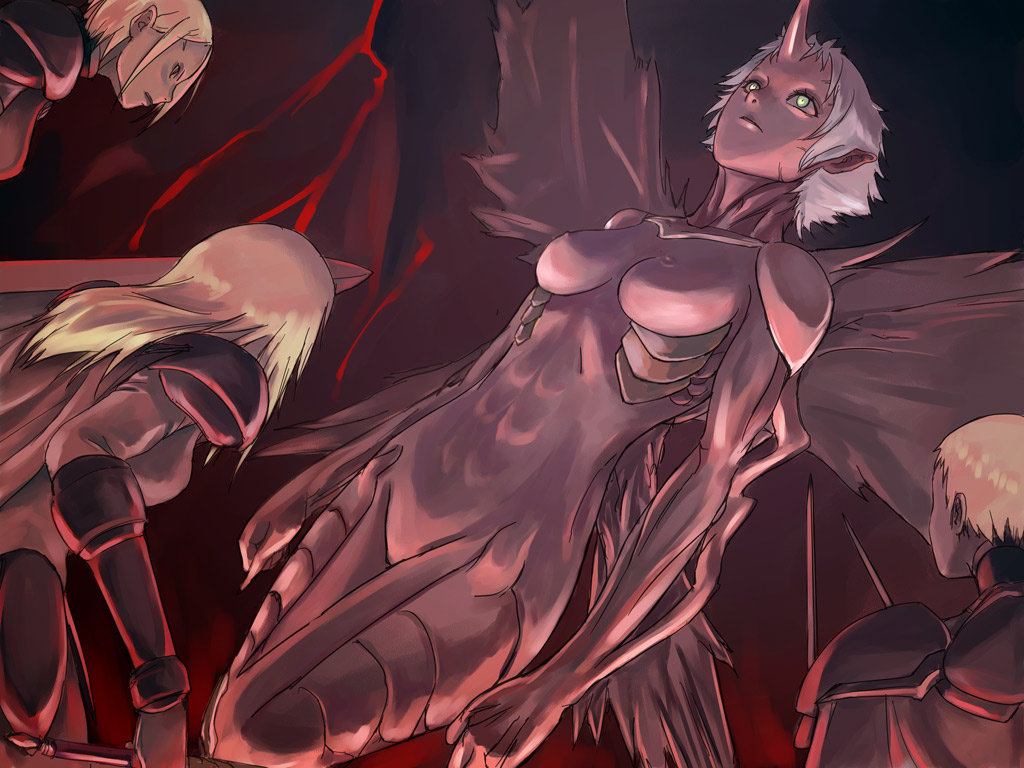 tea (nakenashi), deneve, helen, miria, priscilla (claymore), claymore (series), spoilers, 00s, 4girls, abs, armor, battle, blonde hair, breasts, claymore (sword), green eyes, height difference, horns, large breasts, long hair, monster girl, multiple girls, muscular, muscular female, nipples, nude, pointy ears, short hair, single horn, sword, weapon, wings