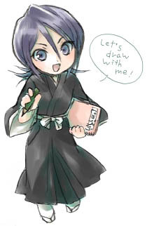 kuchiki rukia, bleach, lowres, 00s, black hair, book, chibi, pencil, solo, wooden pencil