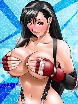 tifa lockhart, final fantasy, final fantasy vii, lowres, 1990s (style), 1girl, breasts, covering breasts, covering privates, female focus, fingerless gloves, gloves, large breasts, retro artstyle, solo, suspenders, topless female