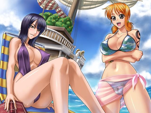 kagami hirotaka, going merry, nami (one piece), nami (one piece) (skypiea), nico robin, one piece, 2girls, alternate legwear, bikini, black hair, blunt bangs, breasts, cleavage, covered erect nipples, female focus, multiple girls, ocean, orange hair, outdoors, ship, shoulder tattoo, swimsuit, tattoo, water, watercraft, yellow eyes