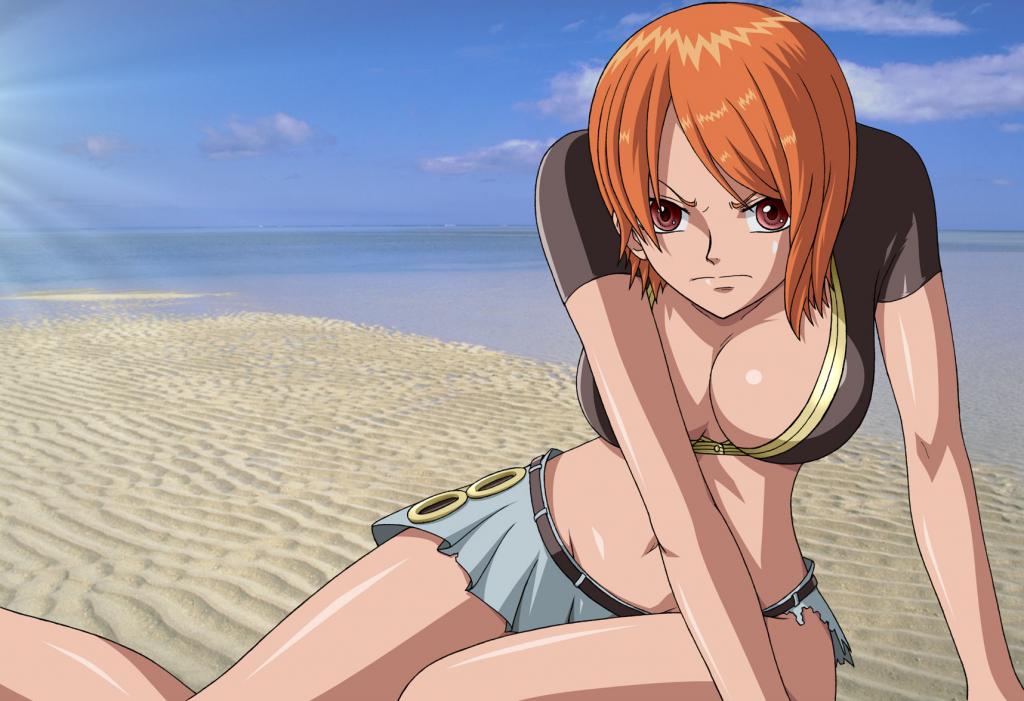 nami (one piece), nami (one piece) (enies lobby), one piece, artist request, source request, 1girl, beach, breasts, cleavage, enies lobby, female focus, frown, large breasts, lying, midriff, ocean, on side, orange hair, photo background, red eyes, sand, short hair, skirt, solo
