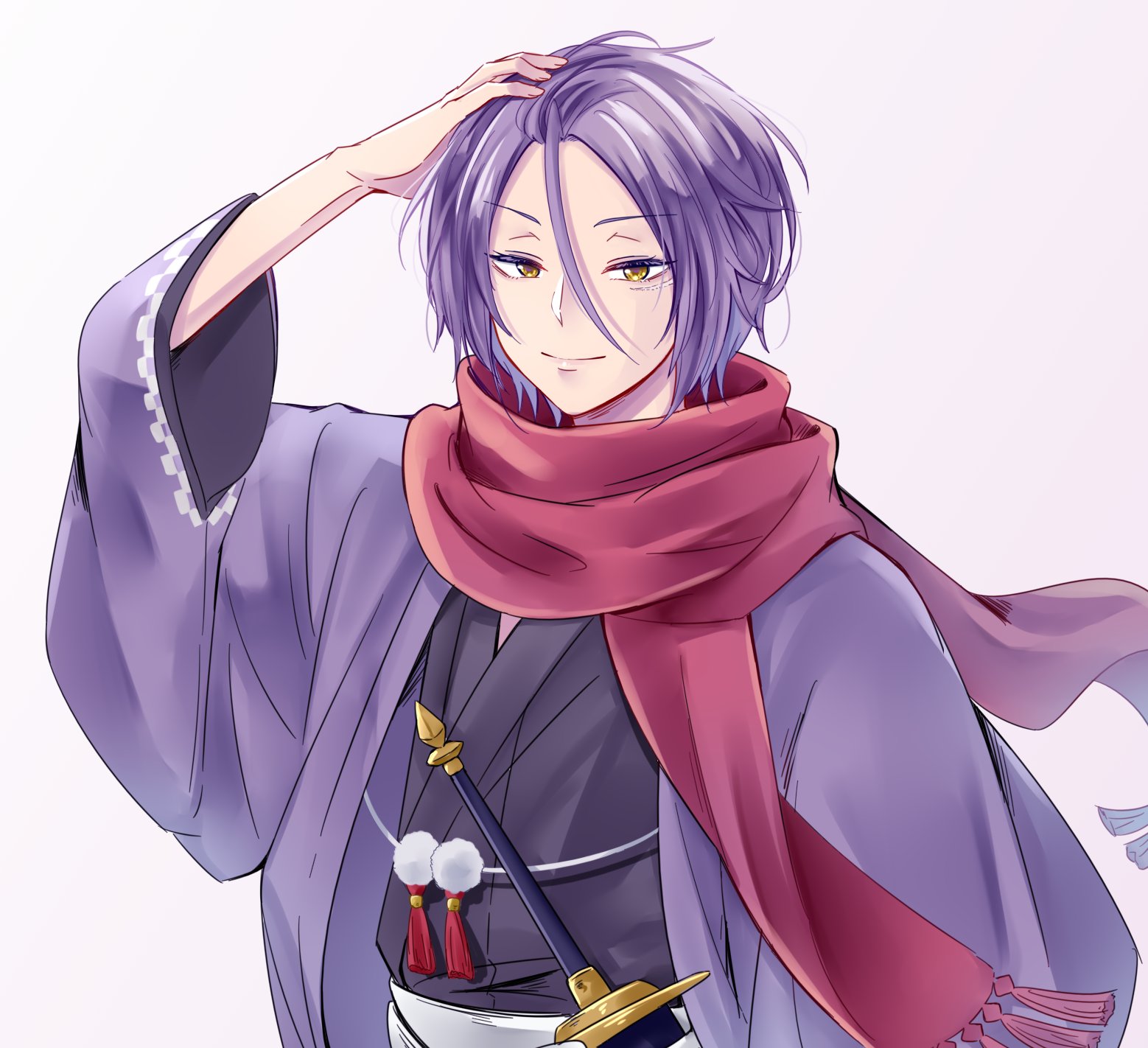 julius juukulius, re:zero kara hajimeru isekai seikatsu, highres, 1boy, closed mouth, gradient background, hair between eyes, hand on own head, japanese clothes, katana, kimono, looking at viewer, oshi suko1, pom pom (clothes), purple hair, samurai, sash, scarf, sheath, short hair, simple background, smile, solo, sword, tassel, upper body, weapon, white background, yellow eyes