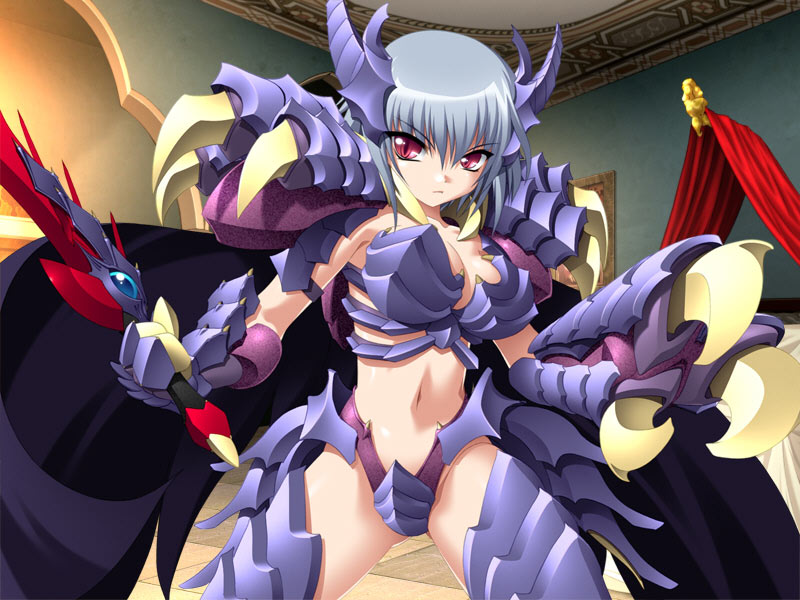 1girl, armor, breasts, cape, claws, cleavage, female focus, grey hair, large breasts, midriff, navel, red eyes, short hair, solo, spread legs, standing, sword, thighhighs, weapon