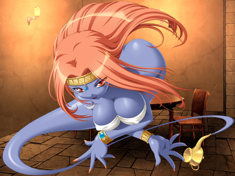 ikazuchi no senshi raidy, arabian clothes, ass, blue skin, bracelet, breasts, butt crack, colored skin, covered erect nipples, genie, jewelry, lamp, lots of jewelry, nail polish, red eyes, red hair
