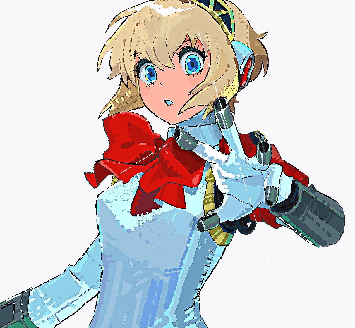 uk yee gwa, aigis (persona), persona, persona 3, persona 3 reload, 1girl, android, blonde hair, blue eyes, bow, finger cannon, hair between eyes, hairband, joints, looking at viewer, parted lips, red bow, robot joints, short hair, simple background, solo, sparkle, upper body, white background