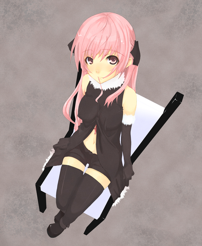 kasai souya, original, md5 mismatch, 1girl, chair, elbow gloves, female focus, gloves, on chair, pink hair, shorts, solo, thighhighs, zettai ryouiki
