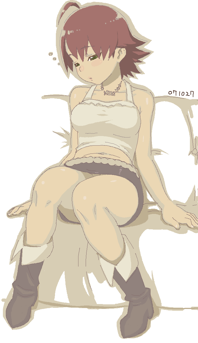 lunch (shin new), awakened miki, hoshii miki, idolmaster, idolmaster (classic), idolmaster 1, 00s, 1girl, boots, breasts, brown hair, female focus, green eyes, oekaki, pillow, sitting, sleepy, solo