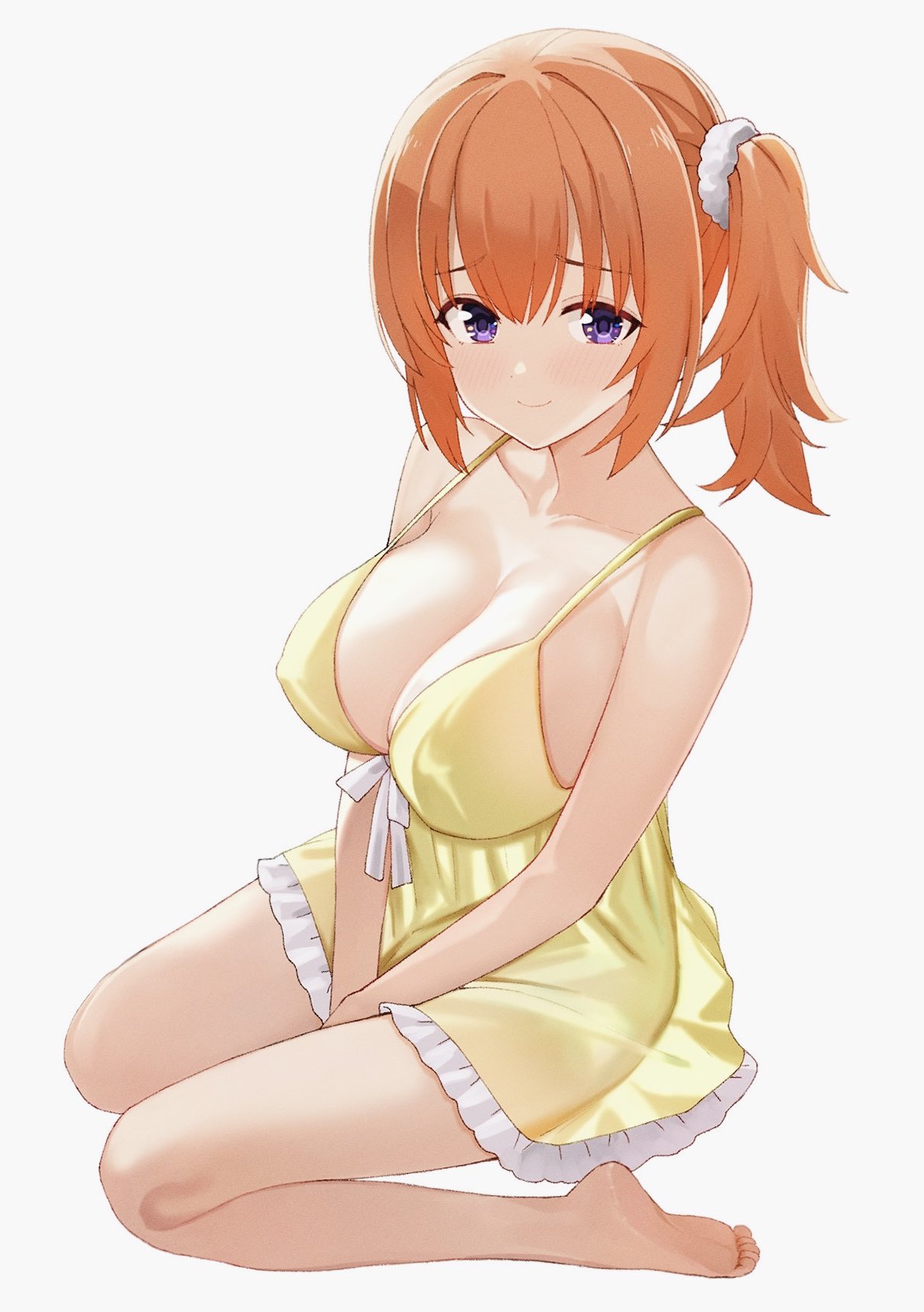 tft (tft7822), sumizome nozomi, cafe stella to shinigami no chou, commentary, highres, 1girl, alternate costume, babydoll, backlighting, bare legs, bare shoulders, barefoot, blush, bow, breasts, cleavage, closed mouth, collarbone, covered erect nipples, dress, feet, frilled dress, frills, full body, furrowed brow, hair between eyes, hair intakes, hair ornament, hair scrunchie, large breasts, looking at viewer, medium hair, nightgown, orange hair, purple eyes, scrunchie, short dress, side ponytail, sidelocks, simple background, sitting, sleeveless, sleeveless dress, smile, soles, solo, spaghetti strap, toes, v arms, wariza, white background, white bow, white scrunchie, yellow dress