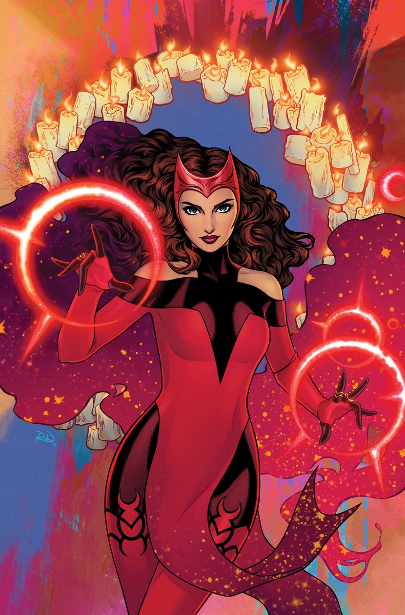 russell dauterman, scarlet witch, wanda maximoff, avengers (series), marvel, comic cover, highres, official art, 1girl, artist name, bare shoulders, brown hair, dress, floating hair, green eyes, long hair, looking at viewer, magic, pantyhose, pelvic curtain, red dress, red pantyhose, solo, superhero costume, veil