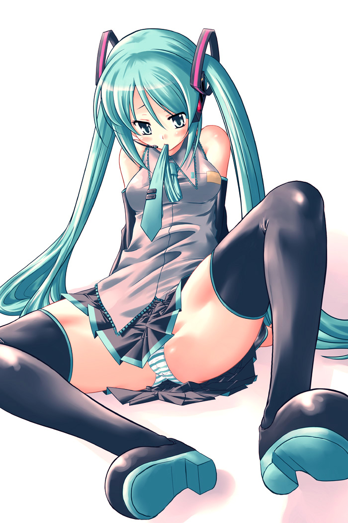 mikage baku, hatsune miku, vocaloid, 1girl, female focus, long hair, mouth hold, panties, solo, spread legs, striped clothes, striped panties, thighhighs, twintails, underwear, very long hair