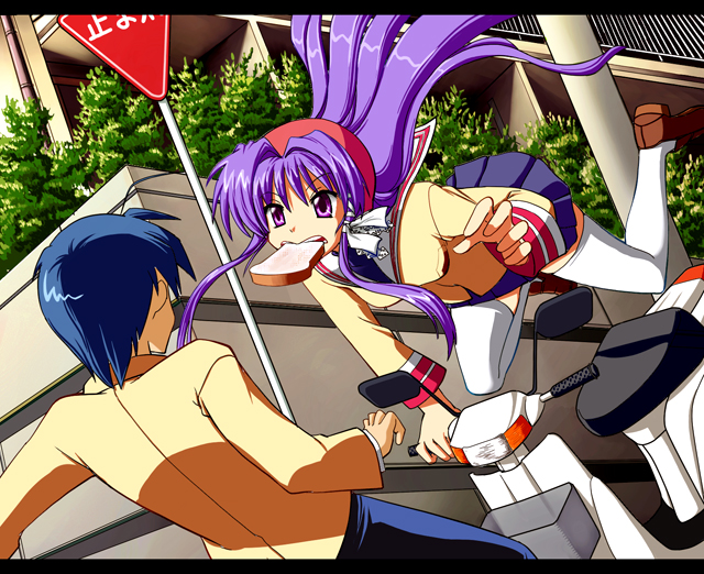 fujibayashi kyou, okazaki tomoya, clannad, vehicle, 00s, accident, bread slice, crash, dutch angle, food, food in mouth, long hair, motor vehicle, mouth hold, purple eyes, purple hair, road sign, school uniform, scooter, serafuku, sign, thighhighs, toast, toast in mouth, zettai ryouiki