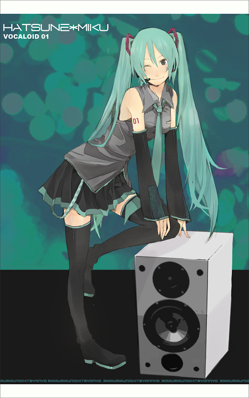 yoshito, hatsune miku, vocaloid, 1girl, aqua necktie, black boots, blouse, boots, character name, collared shirt, copyright name, female focus, grey shirt, hair between eyes, long hair, miniskirt, necktie, number tattoo, shirt, shoulder tattoo, skirt, solo, speaker, tattoo, thighhighs, twintails, very long hair