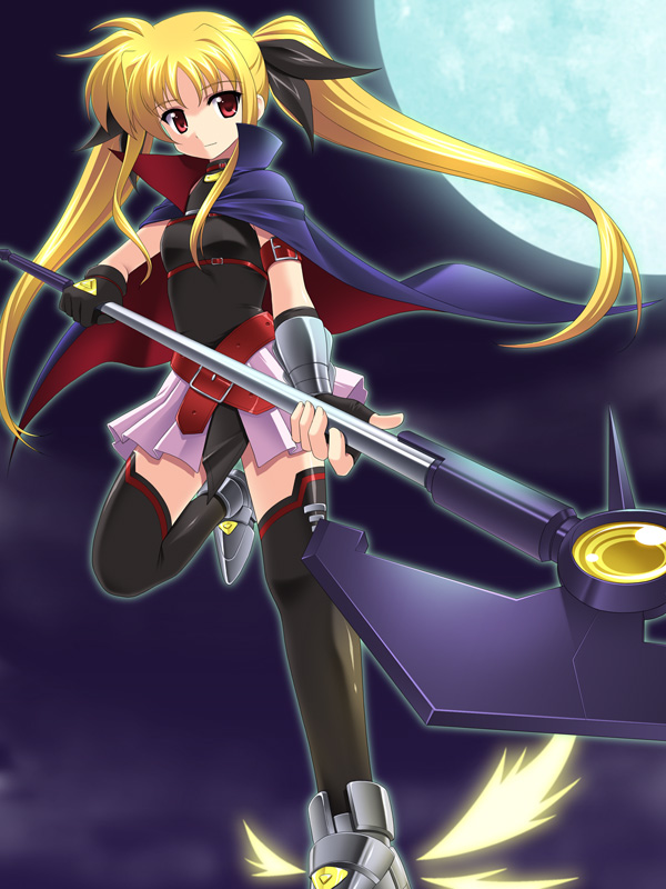 masakichi (crossroad), bardiche (assault form) (nanoha), bardiche (nanoha), fate testarossa, fate testarossa (lightning form), lyrical nanoha, mahou shoujo lyrical nanoha, 00s, 1girl, black thighhighs, blonde hair, female focus, long hair, red eyes, solo, thighhighs, twintails, very long hair