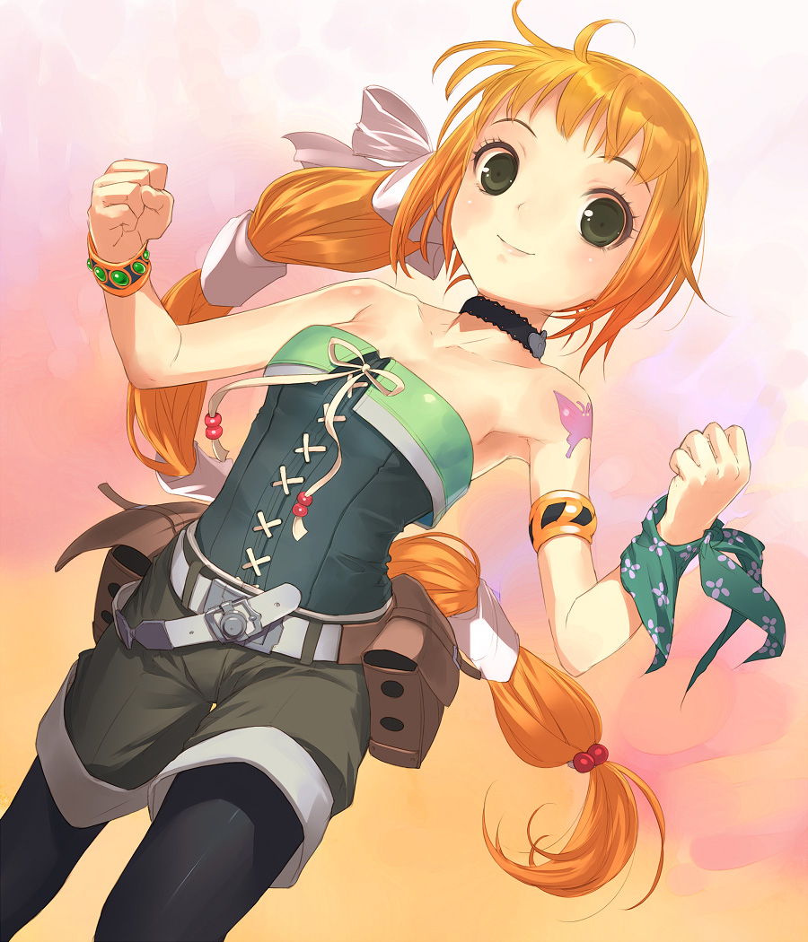 uni (plastic girl), virginia knights, saga, saga frontier, saga frontier 2, 1girl, armpits, choker, corset, female focus, green eyes, long hair, multi-tied hair, orange hair, pantyhose, pantyhose under shorts, shorts, solo, tattoo, very long hair