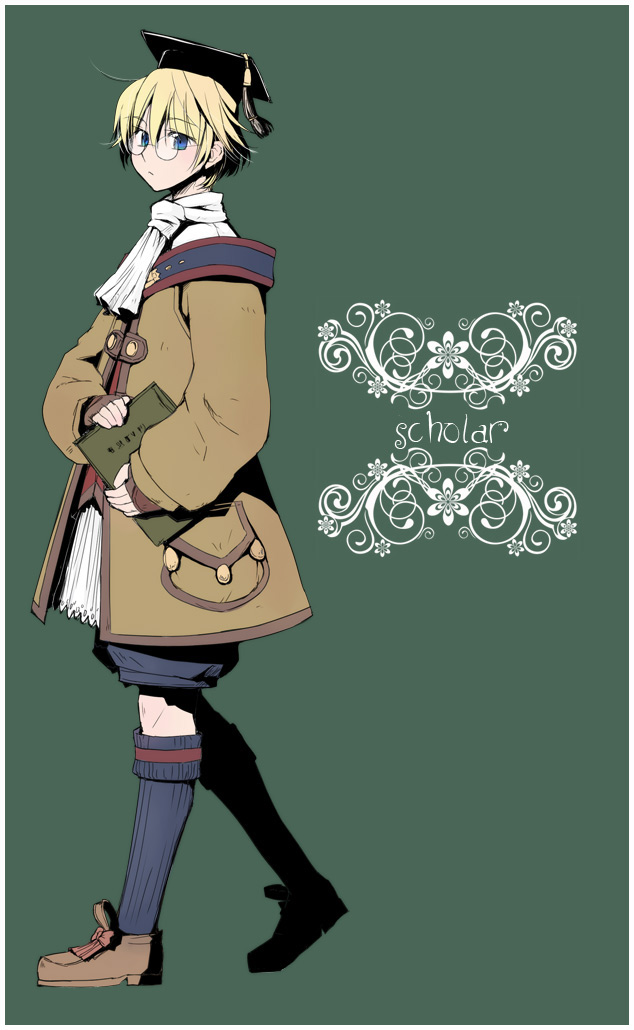 toroshio, scholar (final fantasy), final fantasy, final fantasy xi, 00s, 1girl, ascot, blue eyes, blue socks, book, closed mouth, coat, female focus, frown, full body, glasses, green background, hat, holding, holding book, hume, kneehighs, long sleeves, looking at viewer, round eyewear, shoes, short hair, shorts, simple background, socks, solo, tassel, text focus, walking