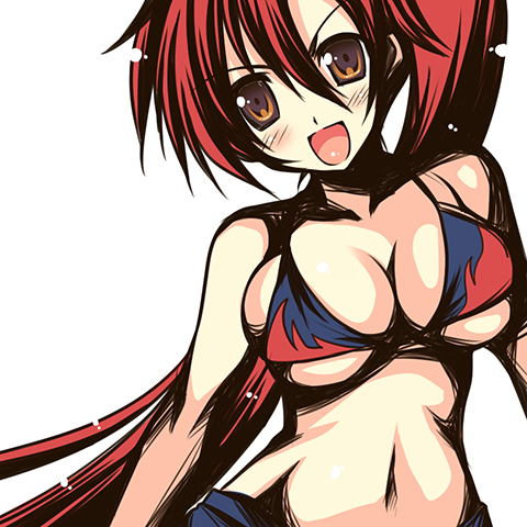 tajima yoshikazu, yoko littner, tengen toppa gurren lagann, lowres, 00s, 1girl, bikini, bikini top only, breasts, cleavage, female focus, large breasts, long hair, navel, open mouth, ponytail, red hair, solo, swimsuit, underboob, very long hair