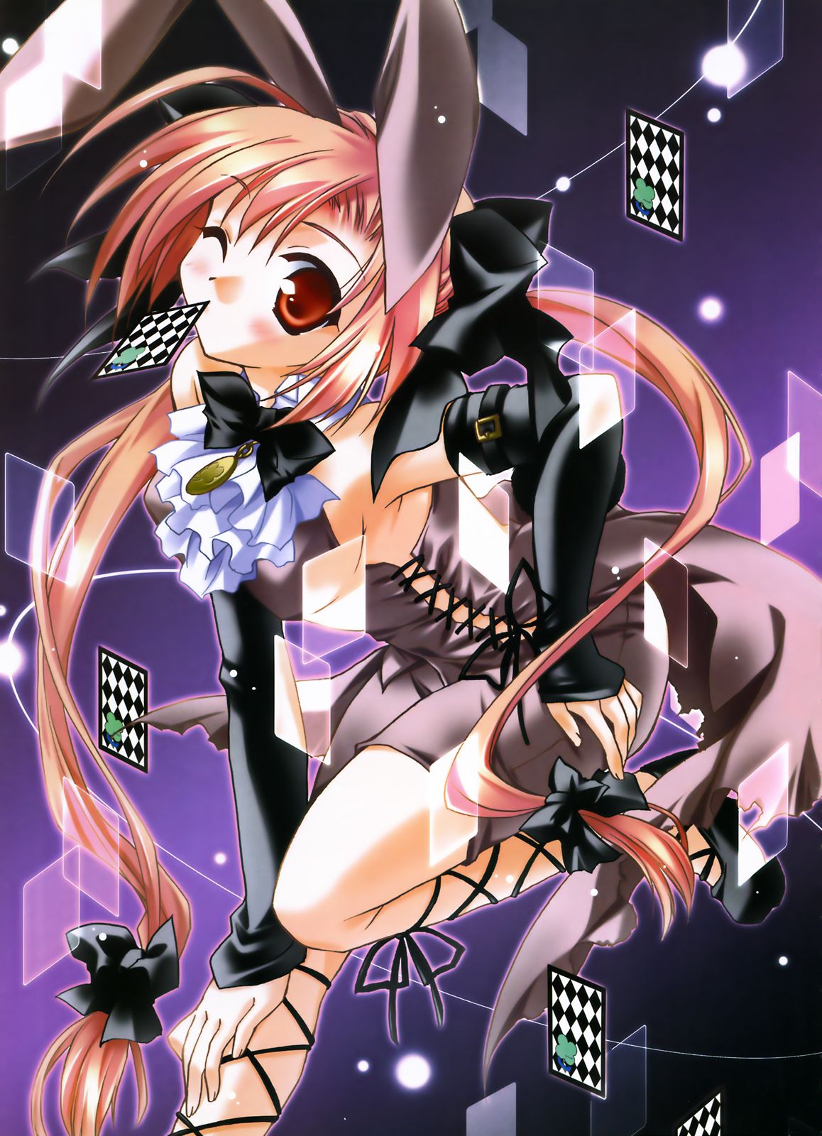 minase lin, eve license organization, highres, 1girl, animal ears, blush, card, dress, female focus, floating card, mouth hold, one eye closed, pink hair, rabbit ears, ribbon, solo, wink