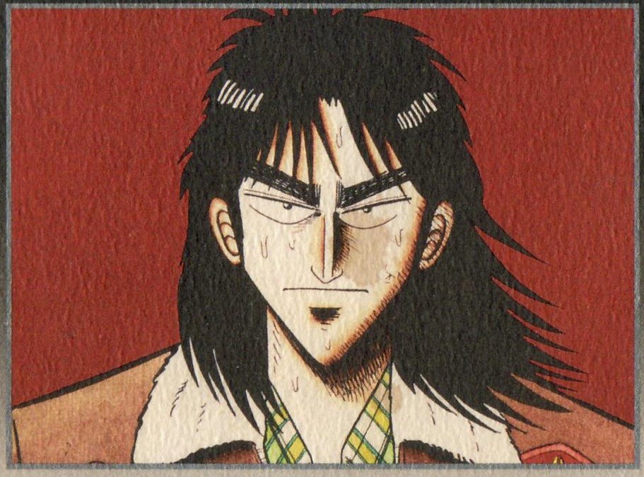 kaiji, official art, scan, angry, black hair, sweatdrop