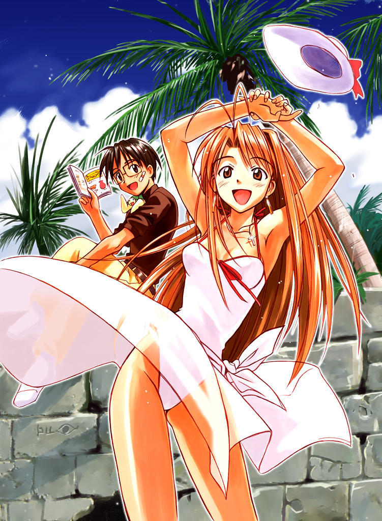akamatsu ken, narusegawa naru, tama (love hina), urashima keitarou, love hina, 1boy, 1girl, :d, antenna hair, arms up, bandaid, bandaid on face, bare arms, blush, book, breasts, brown eyes, brown hair, cloud, cross, cross necklace, day, dress, earrings, hat, holding, holding book, jewelry, long hair, looking at viewer, medium breasts, necklace, no shoes, one-piece swimsuit, open book, open mouth, outdoors, outline, palm tree, panties, reading, sarong, see-through clothes, short hair, short sleeves, sitting, sky, smile, socks, standing, sun hat, swimsuit, tree, turtle, underwear, unworn hat, unworn headwear, white one-piece swimsuit, wind, wind lift