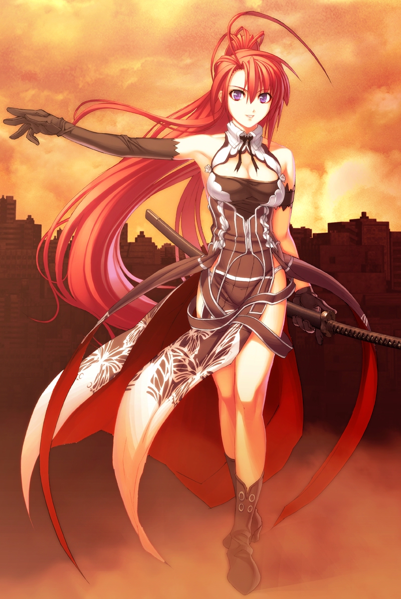 nishii (nitroplus), ignis, jingai makyou, nitroplus, boots, dress, elbow gloves, gloves, katana, long hair, purple eyes, red hair, sword, weapon