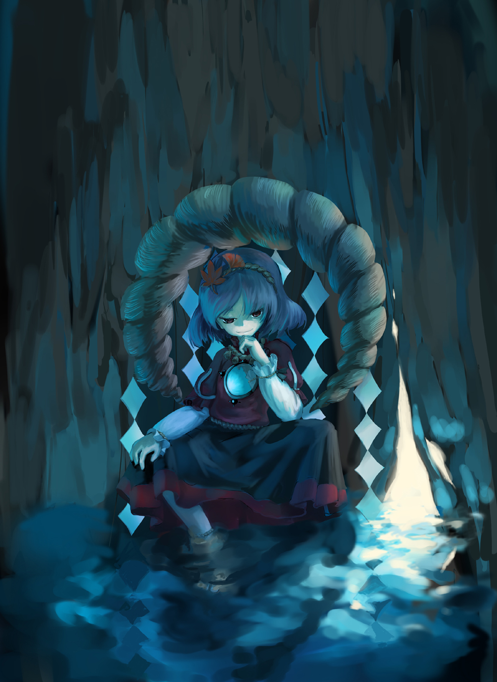suzuki ritsu, yasaka kanako, touhou, highres, 1girl, female focus, indoors, rope, shimenawa, sitting, solo, yasako kanako