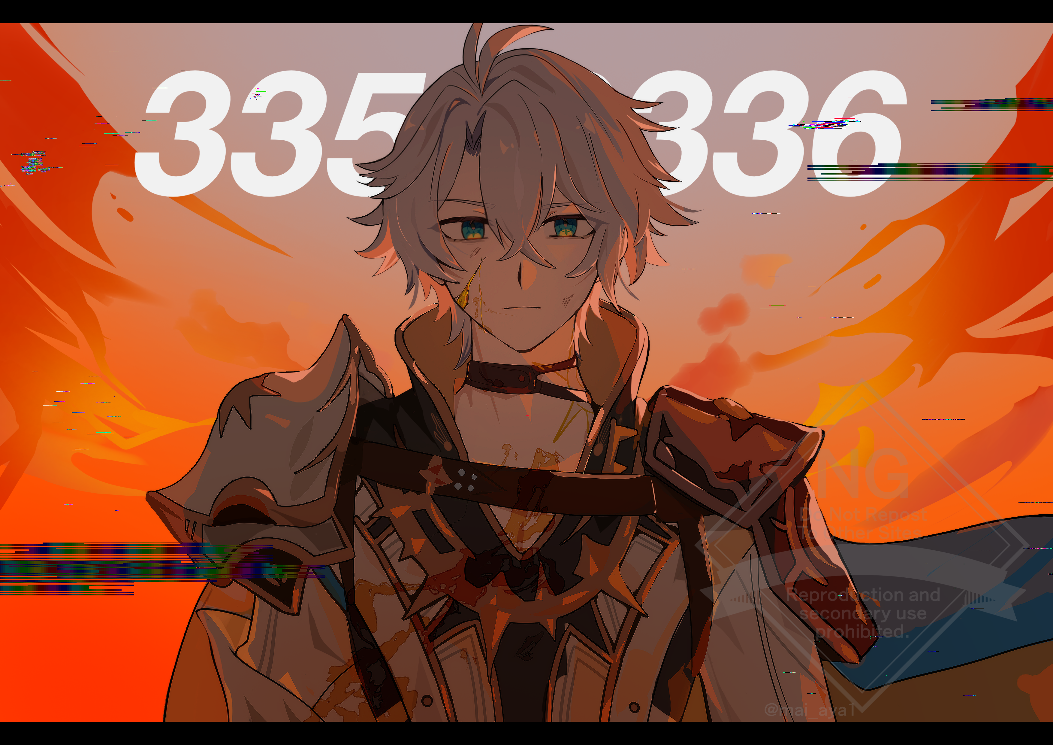 phainon (honkai: star rail), honkai: star rail, honkai (series), absurdres, highres, 1boy, antenna hair, armor, black choker, blue cape, blue eyes, cape, choker, closed mouth, coat, english text, grey hair, hair between eyes, letterboxed, looking at viewer, mai aya1, male focus, parted bangs, pauldrons, short hair, shoulder armor, single pauldron, solo, upper body, watermark, white coat