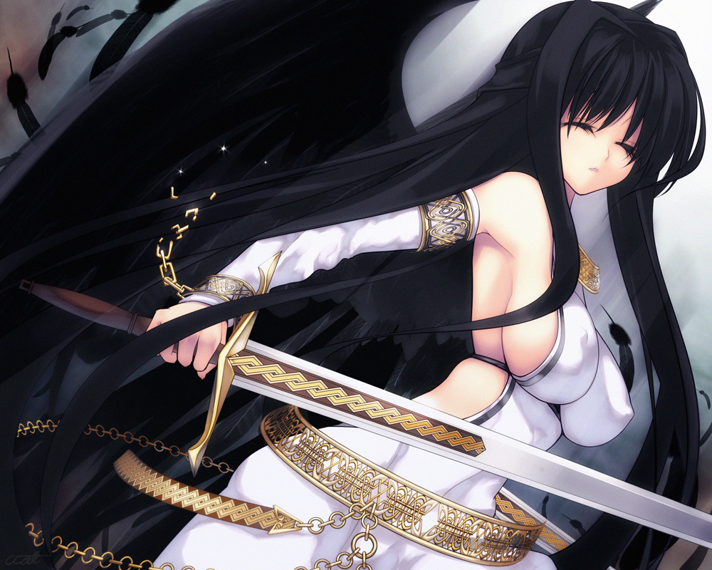 coffee cat, morrighan, mabinogi, 1girl, black hair, breasts, closed eyes, covered erect nipples, detached sleeves, female focus, gloves, half updo, huge breasts, long hair, sideboob, solo, sword, weapon, wings