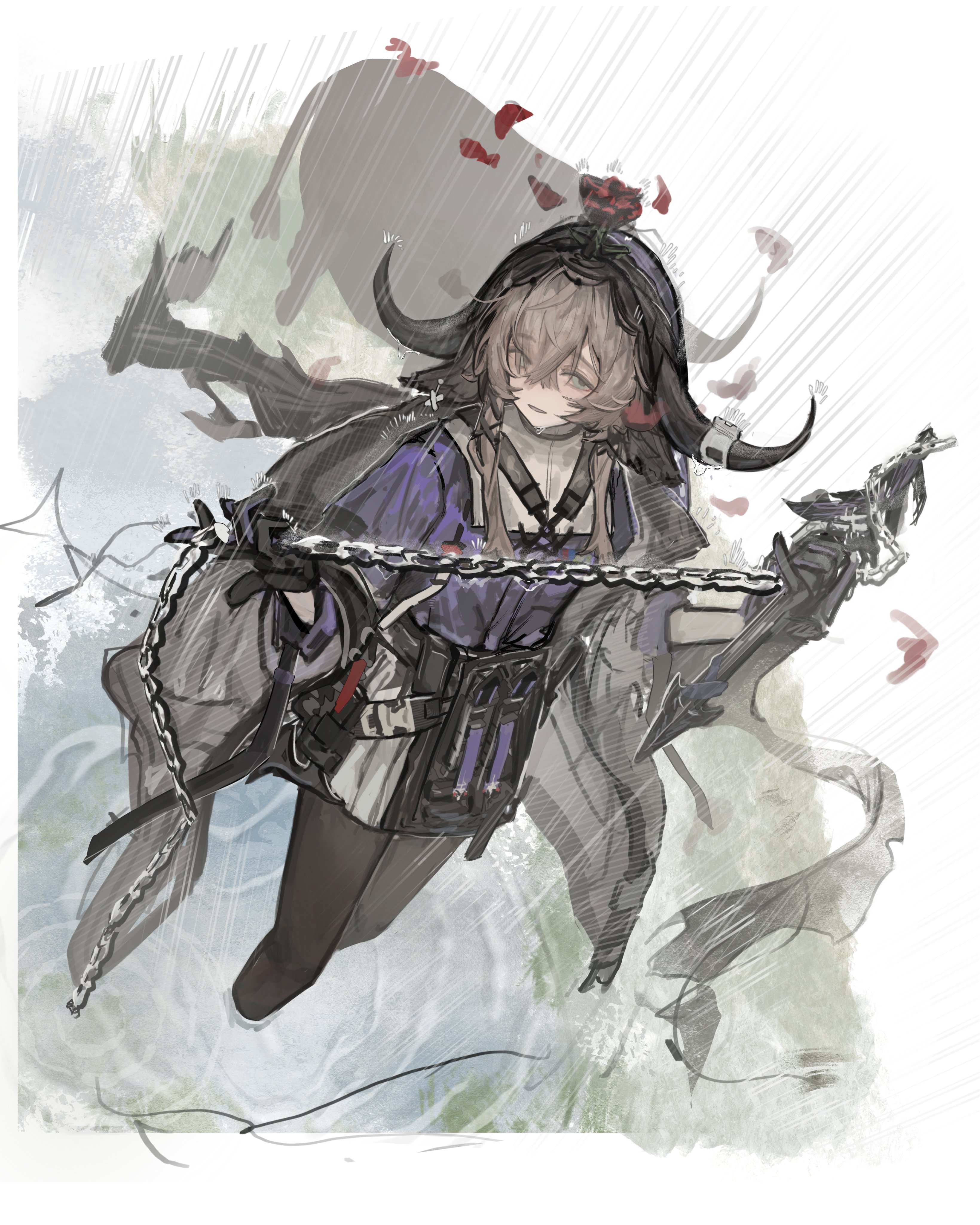 kotowaza, pallas (arknights), arknights, absurdres, commentary request, highres, 1girl, animal ears, black gloves, black pantyhose, brown hair, chain weapon, cow ears, cow girl, cow horns, detached hood, flower, flower on head, gloves, green eyes, hair between eyes, holding, holding weapon, horns, looking at viewer, pantyhose, partially submerged, petals, purple shirt, rain, red flower, red rose, rose, rose petals, shirt, short hair with long locks, skirt, solo, water, weapon