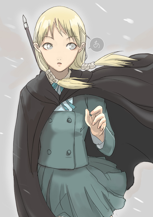 tea (nakenashi), cynthia (claymore), claymore (series), looking away, 00s, 1girl, a (phrase), blonde hair, cape, claymore (sword), female focus, grey eyes, low twintails, school uniform, serafuku, snow, snowing, solo, sword, twintails, weapon, wind