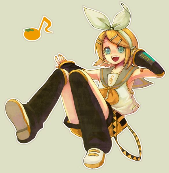 yonko, kagamine rin, kagamine rin (if), vocaloid, 1girl, arm warmers, blonde hair, blue eyes, female focus, hair ornament, hair ribbon, hairclip, headset, leg warmers, musical note, nail polish, open mouth, orange nails, quaver, ribbon, sailor collar, short hair, shorts, simple background, solo, treble clef, yellow nails