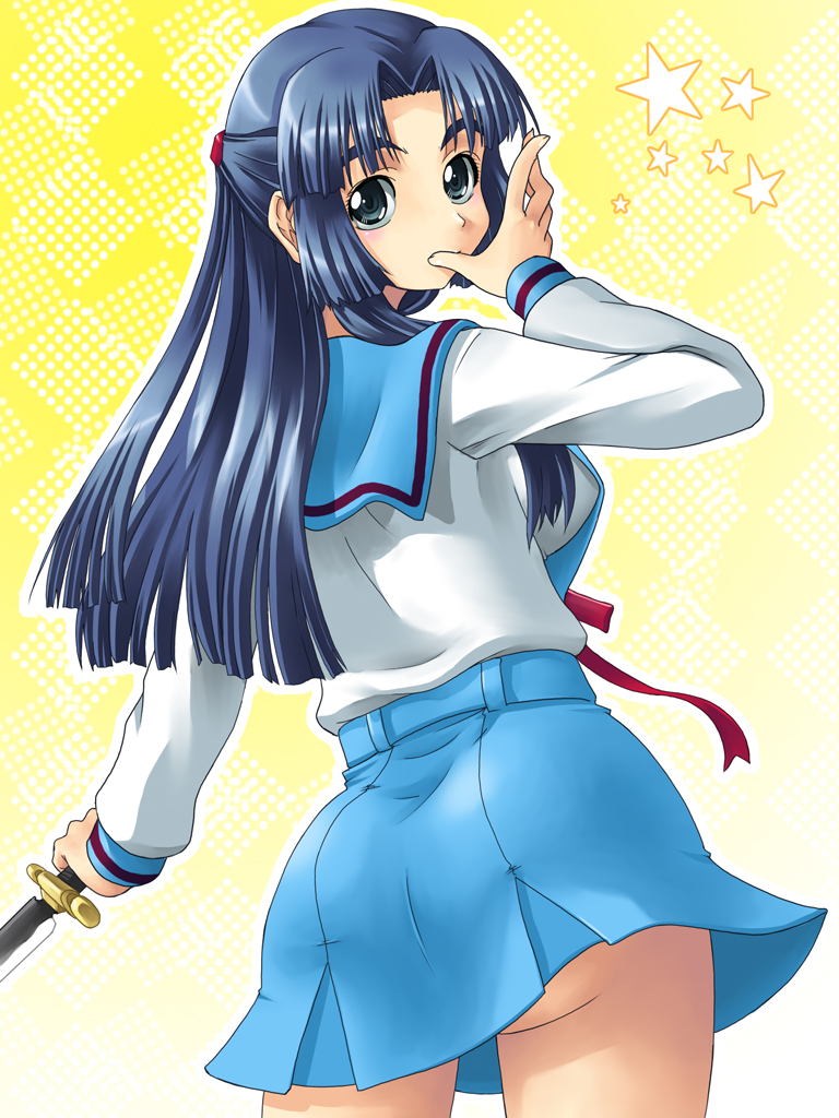 yaso shigeru, asakura ryoko, suzumiya haruhi no yuuutsu, 00s, 1girl, ass, blue eyes, blue hair, female focus, half updo, long hair, matching hair/eyes, no panties, school uniform, serafuku, solo, sword, weapon