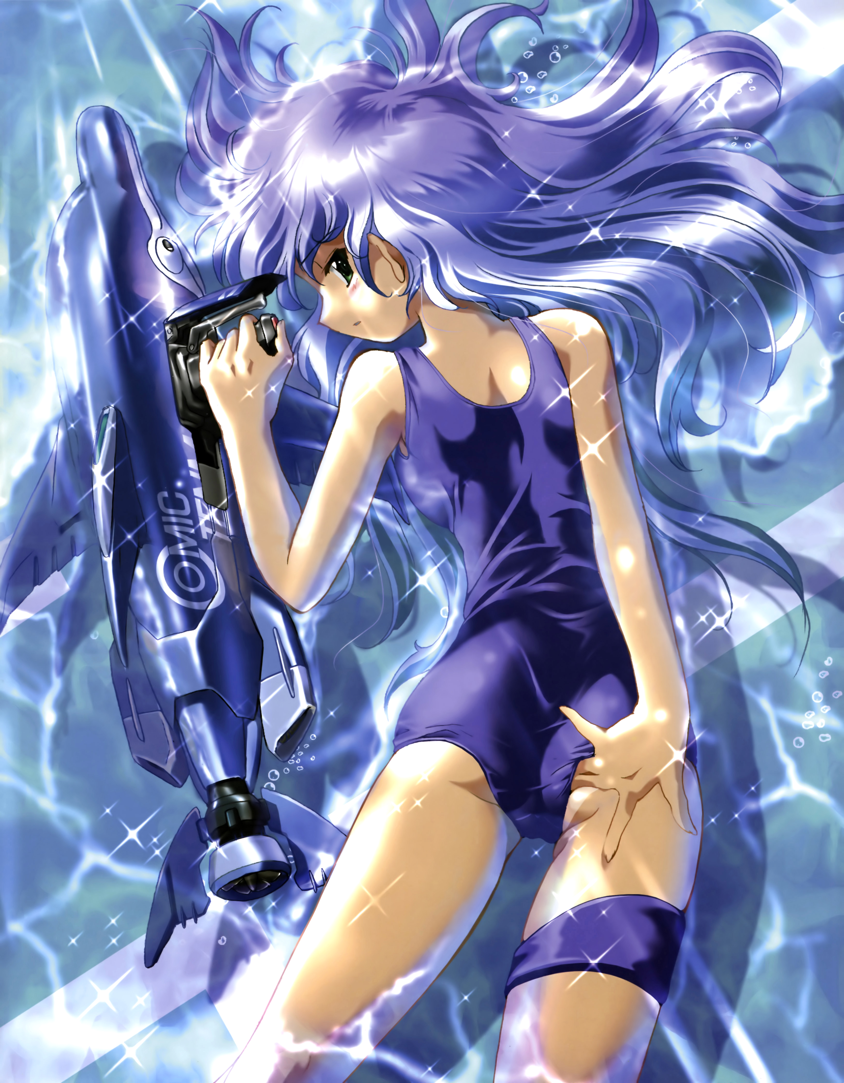 komatsu eiji, iriya kana, iriya no sora ufo no natsu, absurdres, highres, 00s, 1girl, adjusting clothes, adjusting swimsuit, blue hair, blue theme, blush, dolphin, female focus, gradient hair, green eyes, gun, hair spread out, legband, long hair, looking back, multicolored hair, one-piece swimsuit, one-piece tan, pool, purple hair, school swimsuit, shallow water, solo, sparkle, swimsuit, tan, tanline, thigh strap, water, weapon, wet