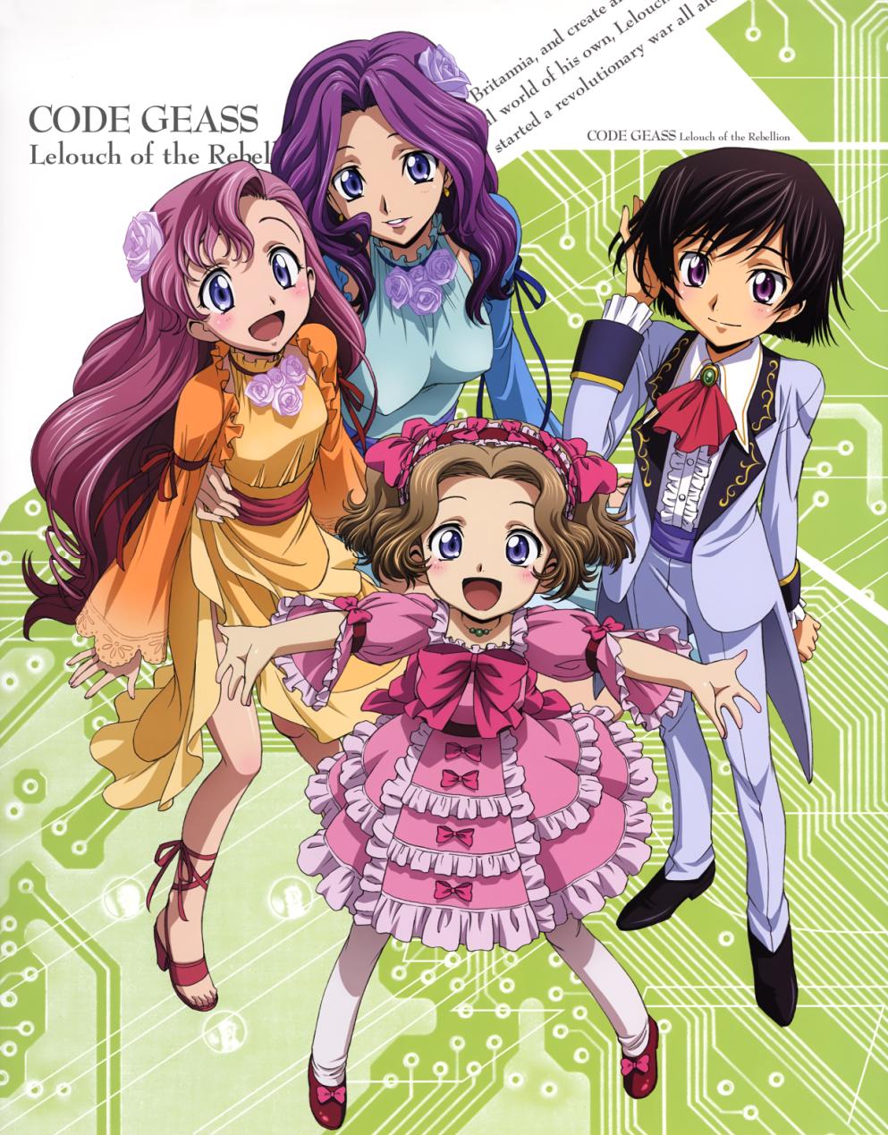 iwasawa reiko, kimura takahiro, cornelia li britannia, euphemia li britannia, lelouch vi britannia, nunnally vi britannia, code geass, highres, official art, 00s, 1boy, 3girls, aged down, blush, brown hair, dress, feet, flower, footwear ribbon, formal clothes, frilled dress, frills, high heel sandals, high heels, long hair, multiple girls, open mouth, pantyhose, pink hair, purple eyes, purple hair, sandals, shoes, short hair, smile, suit