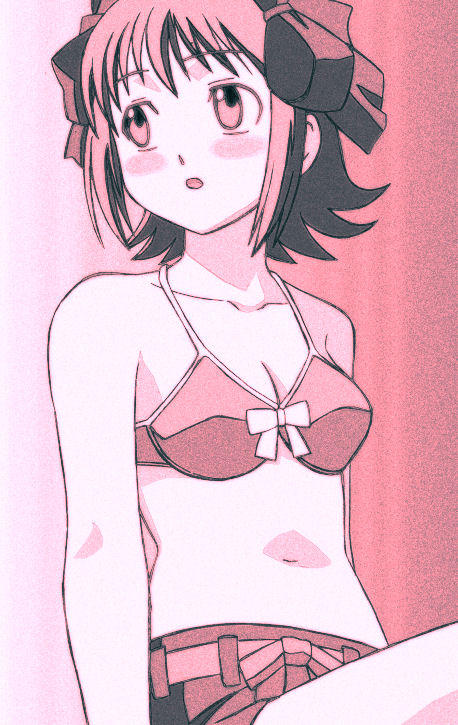 amami haruka, idolmaster, idolmaster xenoglossia, 00s, 1girl, bikini, blush, female focus, monochrome, pink theme, ribbon, short hair, solo, swimsuit