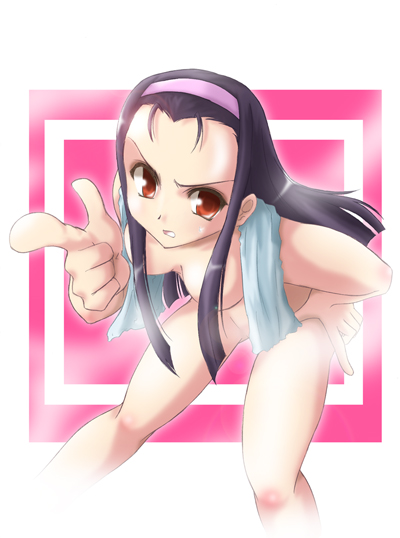 ranshin, minase iori, idolmaster, idolmaster xenoglossia, 00s, 1girl, black hair, censored, censored nipples, convenient censoring, female focus, foreshortening, hair censor, hair over breasts, hairband, hand on own hip, long hair, nude, open mouth, pointing, solo, steam, steam censor, towel, uneven eyes