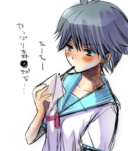 kikuchi makoto, idolmaster, idolmaster xenoglossia, lowres, 00s, 1girl, blue eyes, blue hair, blue sailor collar, female focus, holding, letter, matching hair/eyes, sailor collar, school uniform, serafuku, short hair, short sleeves, simple background, solo, text focus, upper body, white background