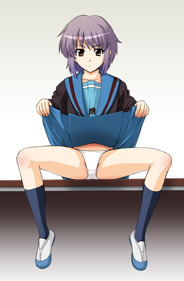 akiyama kenta, nagato yuki, suzumiya haruhi no yuuutsu, 00s, 1girl, clothes lift, female focus, lifting own clothes, panties, school uniform, serafuku, shoes, skirt, skirt lift, socks, solo, spread legs, underwear, uwabaki