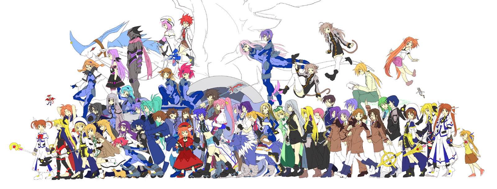 vallenxgp, agito (nanoha), alto krauetta, amy limietta, arf, arisa bunnings, bardiche (nanoha), carim gracia, caro ru lushe, chrono harlaown, cinque (nanoha), deed (nanoha), dieci (nanoha), due (nanoha), erio mondial, fate testarossa, friedrich (nanoha), garyuu (nanoha), ginga nakajima, graf eisen, griffith lowran, jail scaglietti, jet edge, laevatein (nanoha), leti lowran, liesearia (nanoha), lieselotte (nanoha), lindy harlaown, lutecia, lutecia alpine, mach caliber, nove (nanoha), numbers (nanoha), otto (nanoha), presea testarossa, quattro (nanoha), raising heart, reinforce, reinforce zwei, revolver knuckle, s2u, schach nouera, schwertkreuz, sein (nanoha), sette (nanoha), shamal, shario finieno, signum, strada, subaru nakajima, takamachi nanoha, teana lanster, tre (nanoha), tsukimura suzuka, uno (nanoha), verossa acous, vice granscenic, vita (nanoha), vivio, wendi (nanoha), yagami hayate, yuuno scrya, zafira, zest grangeitz, lyrical nanoha, mahou shoujo lyrical nanoha, mahou shoujo lyrical nanoha a's, mahou shoujo lyrical nanoha strikers, commentary request, highres, long image, wide image, 6+boys, 6+girls, absolutely everyone, ahoge, animal ears, asymmetrical legwear, bat wings, belt, black hair, blonde hair, blue bodysuit, blue hair, bodysuit, book, boots, bow, brown hair, buckle, cape, cat ears, cat tail, closed eyes, coat, crosier, cross, dragon, dress, dual persona, everyone, eyepatch, facial mark, familiar, ferret, fingerless gloves, forehead jewel, forehead mark, formal clothes, full body, gadget drone, gauntlets, glasses, gloves, green hair, grey hair, hair intakes, hair ribbon, hairband, hammer, hat, headband, inline skates, jacket, long hair, magic circle, magical boy, magical girl, midriff, military, military uniform, mini person, minigirl, mother and son, multiple boys, multiple girls, necktie, numbers' uniform, open clothes, open jacket, open vest, orange hair, pantyhose, parody, pink hair, polearm, ponytail, purple hair, red bow, red hair, ribbon, roller skates, running, short hair, siblings, simple background, single fingerless glove, single gauntlet, single thighhigh, sisters, skates, skirt, spear, staff, suit, tail, thighhighs, time paradox, trench coat, tsab executive military uniform, tsab ground military uniform, tsab naval military uniform, twins, twintails, uneven legwear, very long hair, vest, waist cape, weapon, whip sword, white background, white devil, white pantyhose, wings, wolf, wolf ears, wolf tail