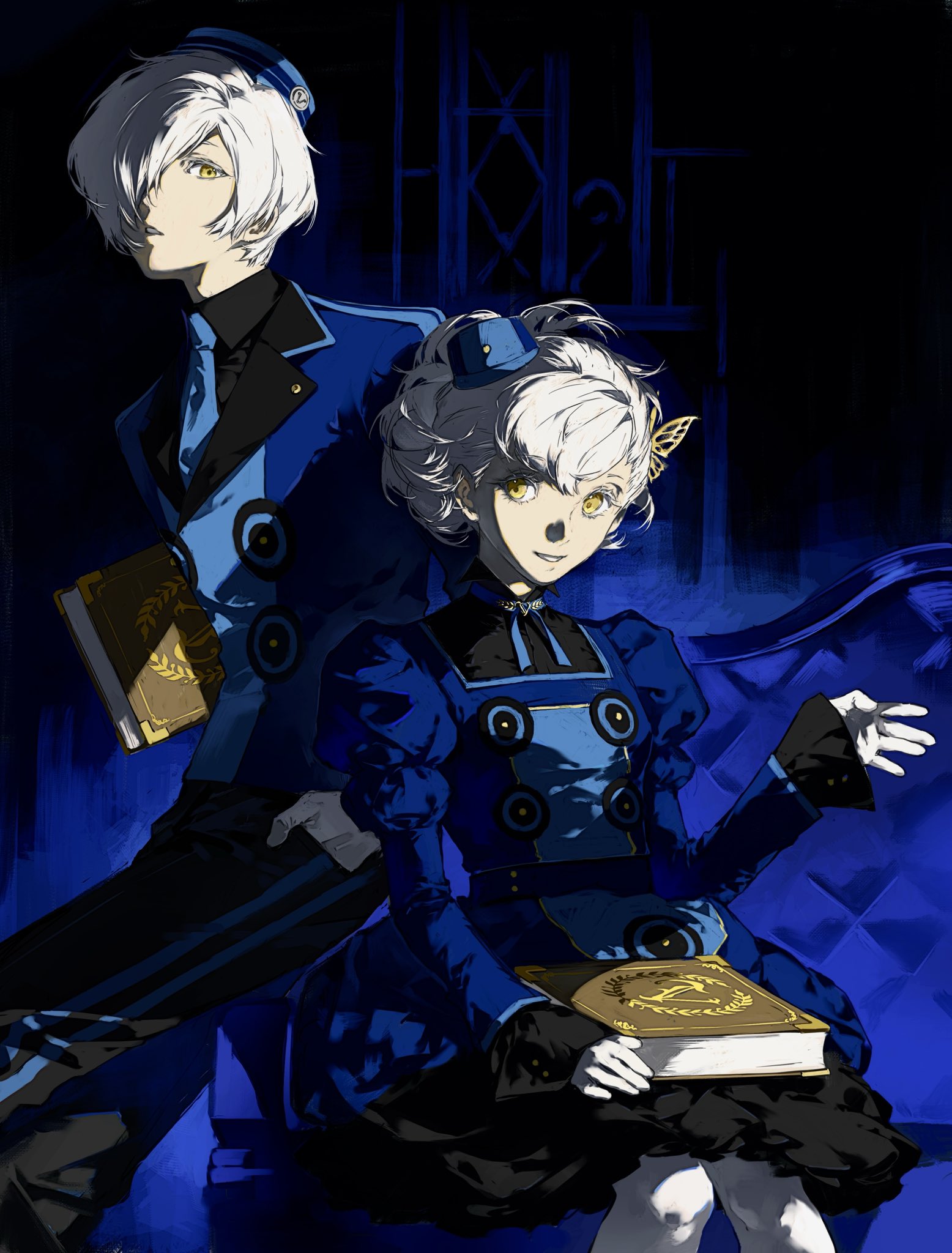 jing zhi kaoxiang yu re zhong, shiomi kotone, yuuki makoto (persona 3), persona, persona 3, persona 3 portable, hashtag-only commentary, highres, 1boy, 1girl, alternate costume, black pants, black shirt, blue couch, blue dress, blue hat, blue jacket, blue necktie, book, butterfly hair ornament, buttons, couch, double-breasted, dress, frilled dress, frills, gloves, hair ornament, hair over one eye, hand in pocket, hat, holding, holding book, jacket, juliet sleeves, long sleeves, looking at viewer, mini hat, necktie, on couch, pants, pantyhose, parted lips, pillbox hat, puffy sleeves, shirt, short hair, sleeves past wrists, smile, velvet room, white gloves, white hair, white pantyhose, yellow eyes