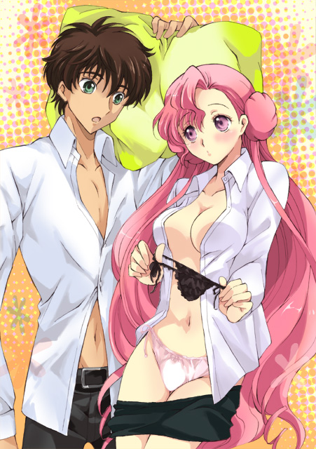 akina tsukako, euphemia li britannia, kururugi suzaku, code geass, 00s, 1boy, 1girl, brother and sister, donut hair bun, hair bun, no bra, open clothes, open shirt, panties, pillow, shirt, siblings, underwear, undressing